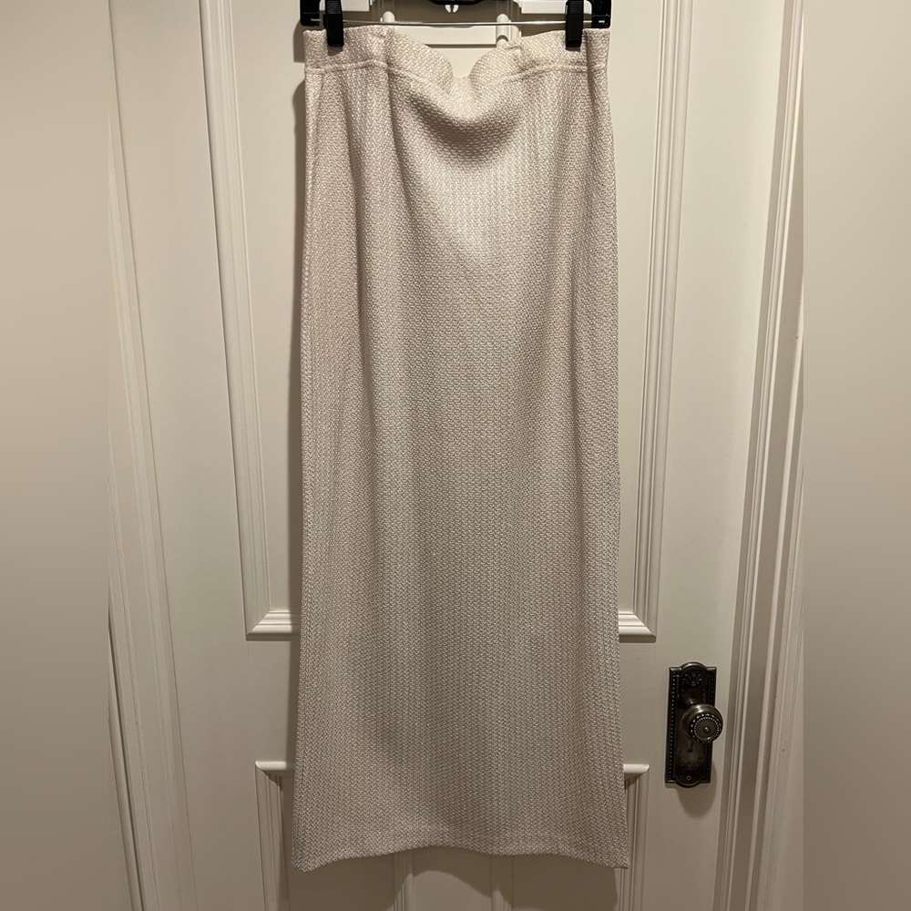 St John - long pencil skirt, cream and silver.